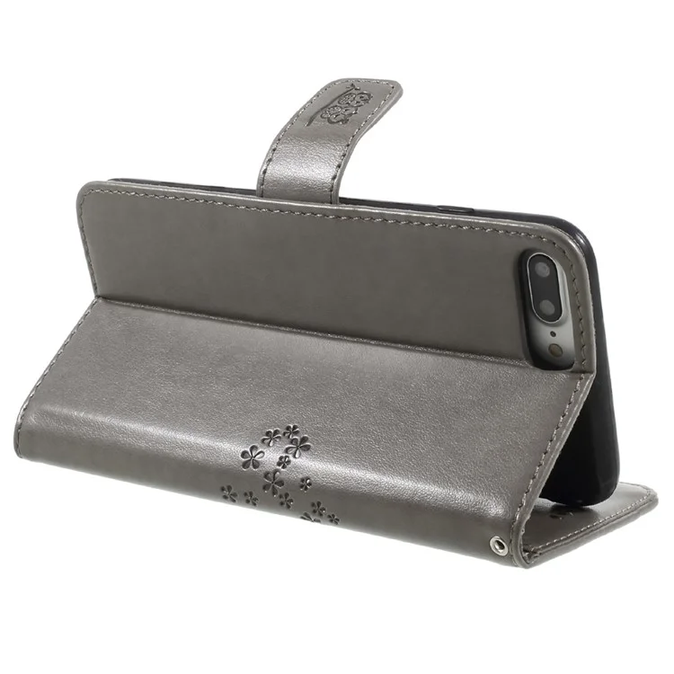 Imprint Tree Owl Magnetic Wallet PU Leather Stand Shell for iPhone 8 Plus / 7 Plus - Grey