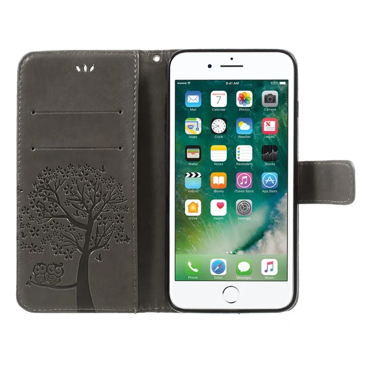 Imprint Tree Owl Magnetic Wallet PU Leather Stand Shell for iPhone 8 Plus / 7 Plus - Grey