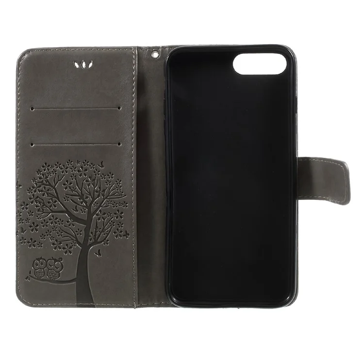 Imprint Tree Owl Magnetic Wallet PU Leather Stand Shell for iPhone 8 Plus / 7 Plus - Grey