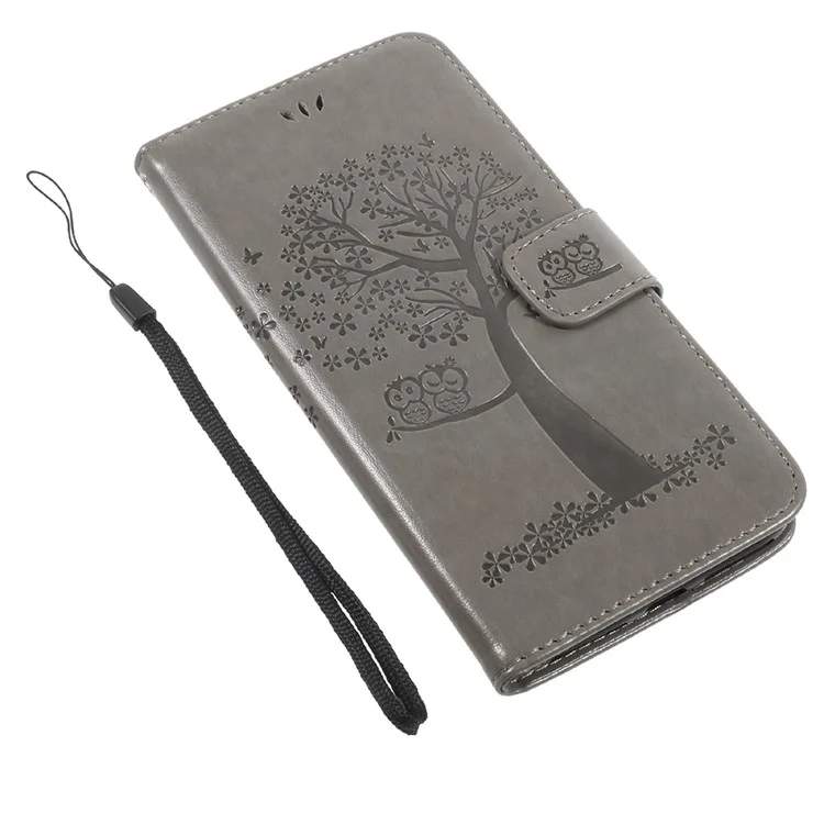 Imprint Tree Owl Magnetic Wallet PU Leather Stand Shell for iPhone 8 Plus / 7 Plus - Grey