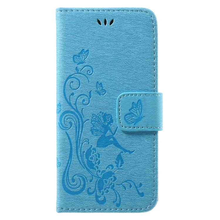 Imprint Butterfly and Flower Pattern Wallet Stand PU Leather Mobile Casing for iPhone 8 / 7 4.7 inch - Blue