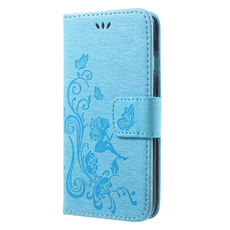 Imprint Butterfly and Flower Pattern Wallet Stand PU Leather Mobile Casing for iPhone 8 / 7 4.7 inch - Blue