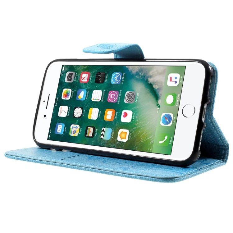 Imprint Butterfly and Flower Pattern Wallet Stand PU Leather Mobile Casing for iPhone 8 / 7 4.7 inch - Blue