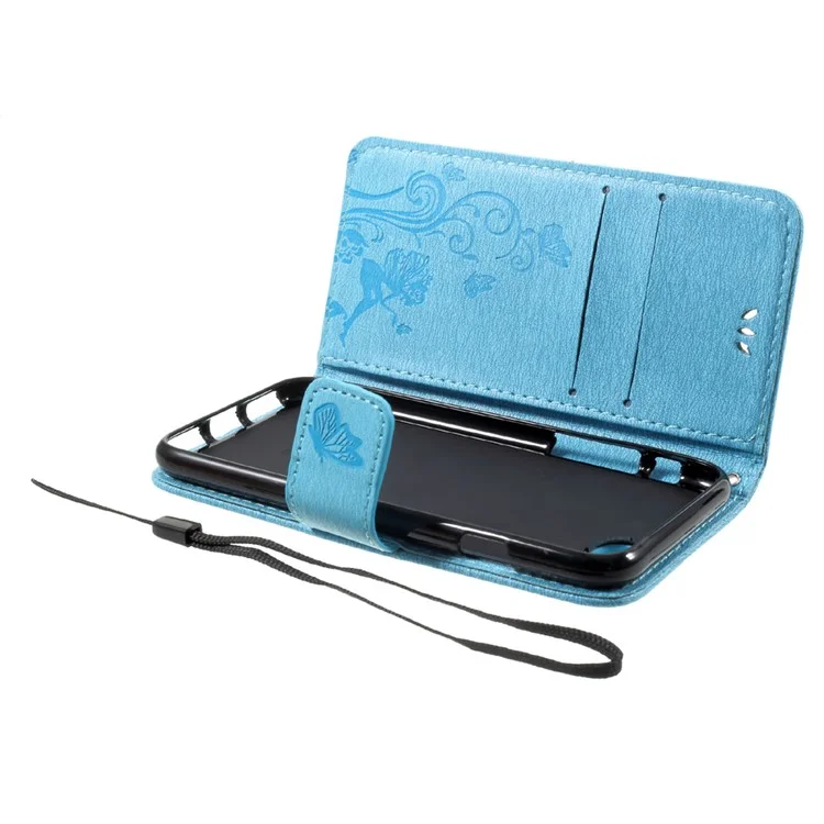 Imprint Butterfly and Flower Pattern Wallet Stand PU Leather Mobile Casing for iPhone 8 / 7 4.7 inch - Blue