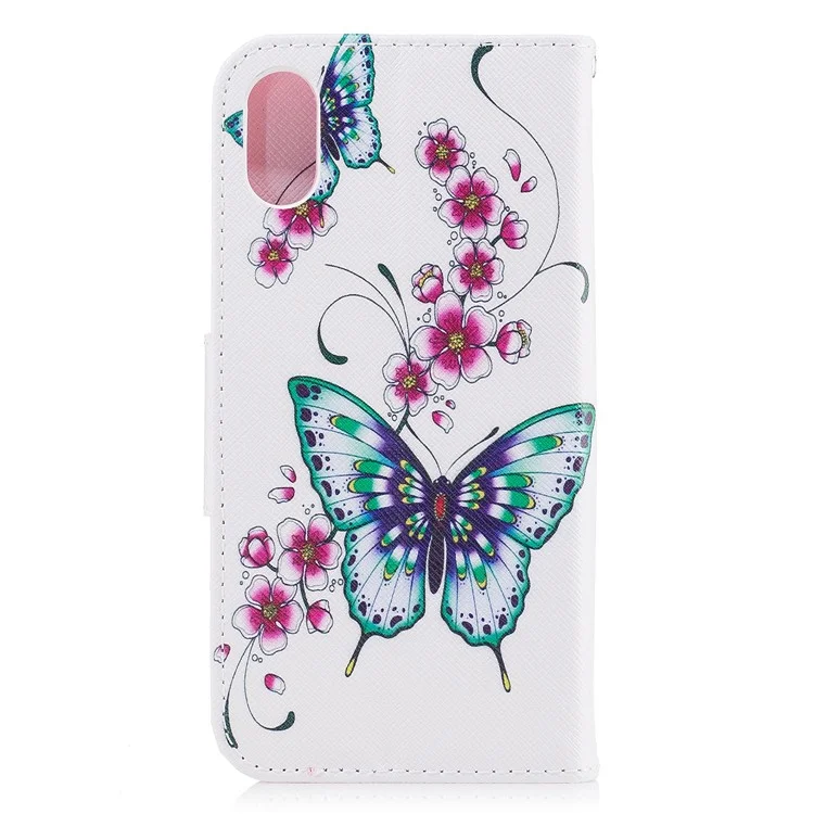 Impresión de Patrones Case de Billetera de Cuero Protectora Para Iphone X/XS 5.8 Pulgadas - Mariposa Verde y Patrón de Flores