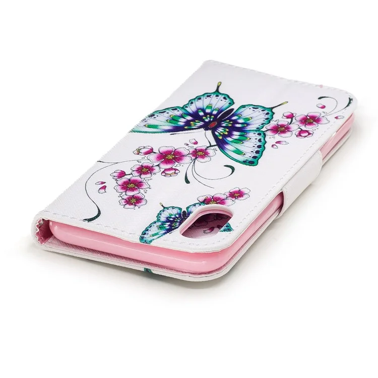 Impresión de Patrones Case de Billetera de Cuero Protectora Para Iphone X/XS 5.8 Pulgadas - Mariposa Verde y Patrón de Flores