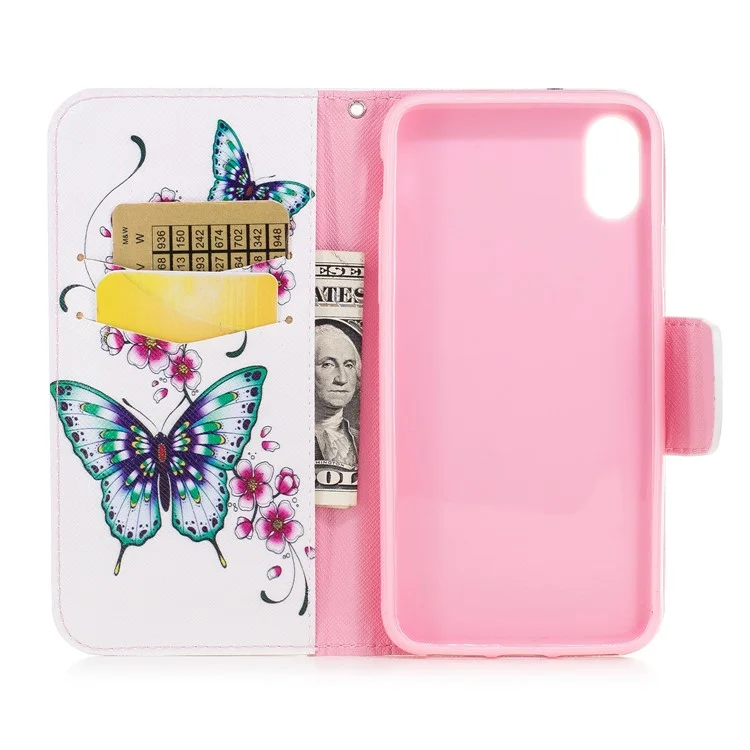 Impresión de Patrones Case de Billetera de Cuero Protectora Para Iphone X/XS 5.8 Pulgadas - Mariposa Verde y Patrón de Flores