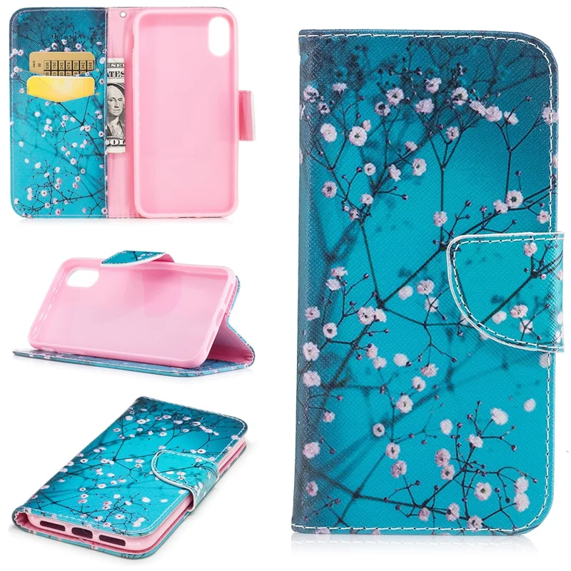 Pattern Printing Wallet Leather Stand Case for iPhone X / XS 5.8-inch - Tree with Flowers