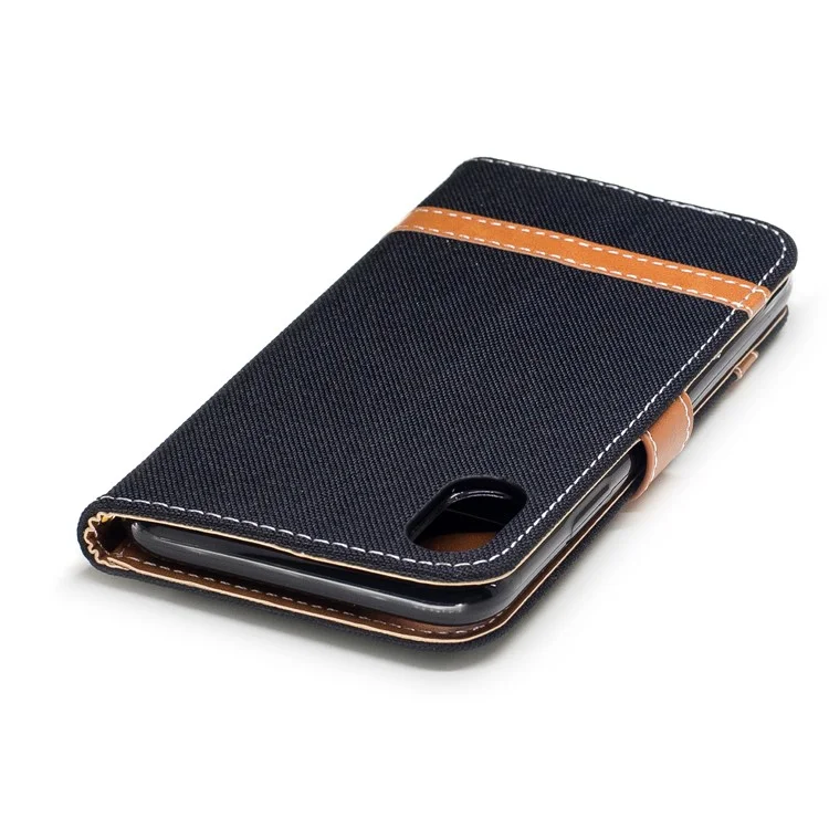 For iPhone X/XS 5.8-inch Two-tone Jean Cloth Leather Wallet Phone Protective Casing with Stand - Black