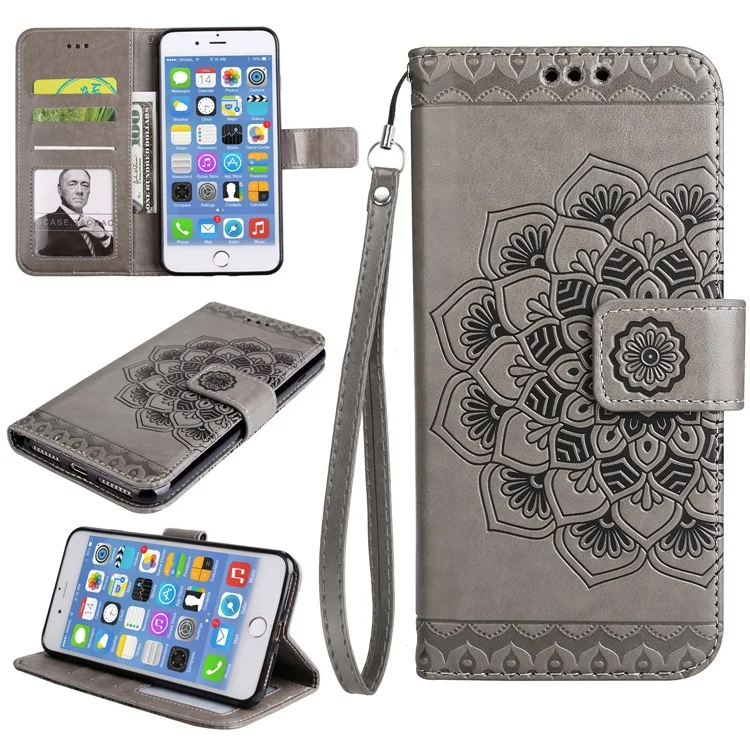 Imprint Henna Lotus Stand Leather Wallet Cover for iPhone 8 Plus / 7 Plus with Lanyard - Grey