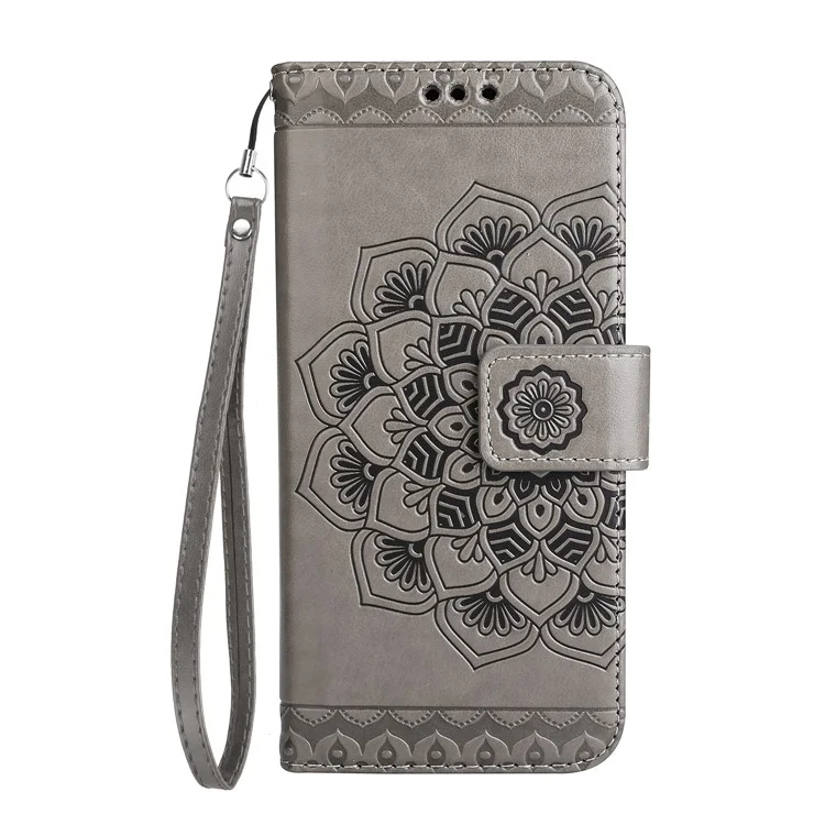 Imprint Henna Lotus Stand Leather Wallet Cover for iPhone 8 Plus / 7 Plus with Lanyard - Grey