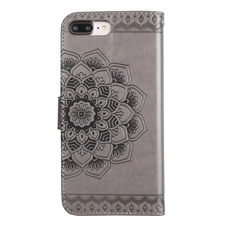Imprint Henna Lotus Stand Leather Wallet Cover for iPhone 8 Plus / 7 Plus with Lanyard - Grey