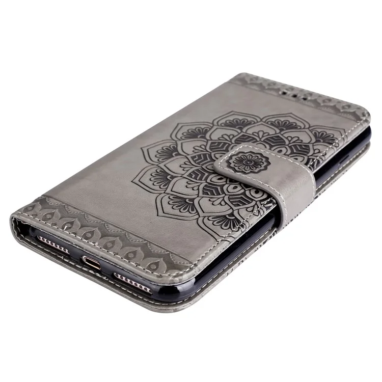 Imprint Henna Lotus Stand Leather Wallet Cover for iPhone 8 Plus / 7 Plus with Lanyard - Grey