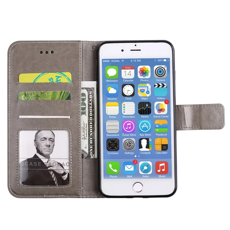 Imprint Henna Lotus Stand Leather Wallet Cover for iPhone 8 Plus / 7 Plus with Lanyard - Grey