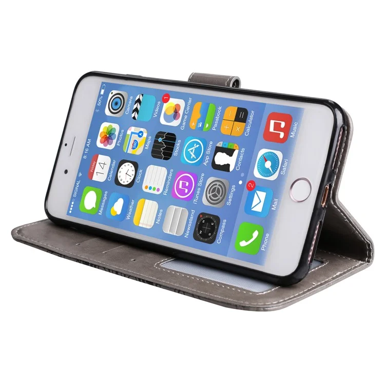 Imprint Henna Lotus Stand Leather Wallet Cover for iPhone 8 Plus / 7 Plus with Lanyard - Grey