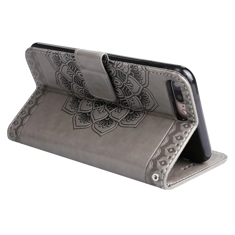 Imprint Henna Lotus Stand Leather Wallet Cover for iPhone 8 Plus / 7 Plus with Lanyard - Grey