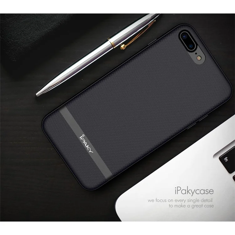 IPAKY Hybrid Leather PC Back Plate + TPU Frame Protective Back Shell for iPhone 8 Plus / 7 Plus 5.5 inch - Dark Blue