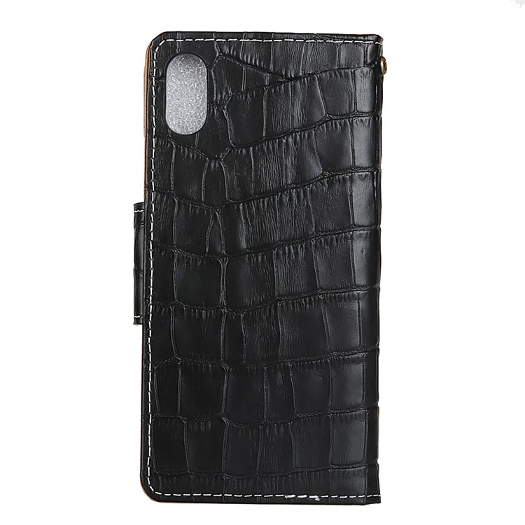 For iPhone X/10 5.8-inch Premium Crocodile Texture Genuine Leather Stand Wallet Mobile Phone Cover with Card Holder - Black