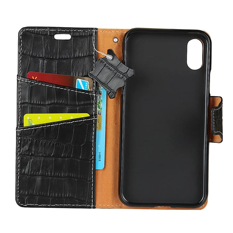 For iPhone X/10 5.8-inch Premium Crocodile Texture Genuine Leather Stand Wallet Mobile Phone Cover with Card Holder - Black