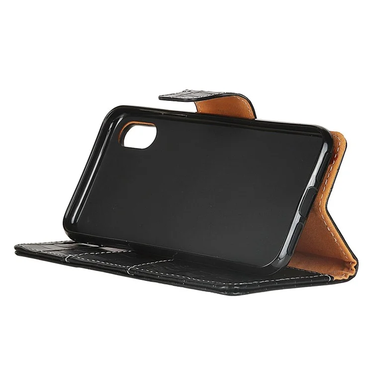 For iPhone X/10 5.8-inch Premium Crocodile Texture Genuine Leather Stand Wallet Mobile Phone Cover with Card Holder - Black