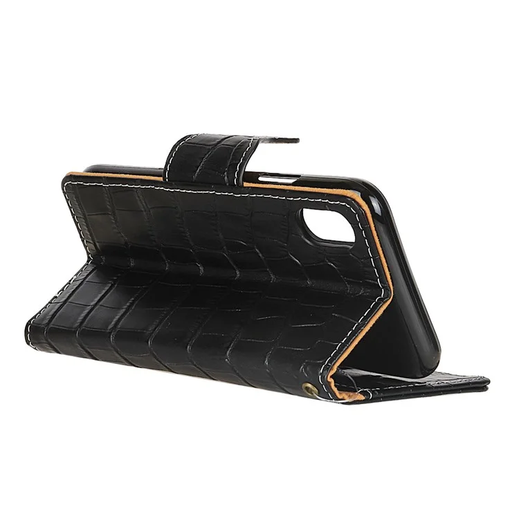 For iPhone X/10 5.8-inch Premium Crocodile Texture Genuine Leather Stand Wallet Mobile Phone Cover with Card Holder - Black