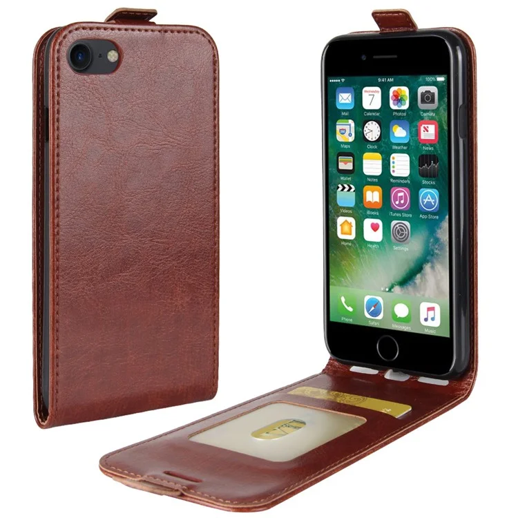 Crazy Horse Skin PU Leather Vertical Flip Phone Casing for iPhone SE (2020)/SE (2022)/8/7 4.7 inch - Brown