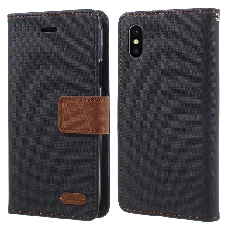 ROAR Twill Grain Leather Wallet Cell Phone Shell with Stand for iPhone X/XS 5.8-inch - Black