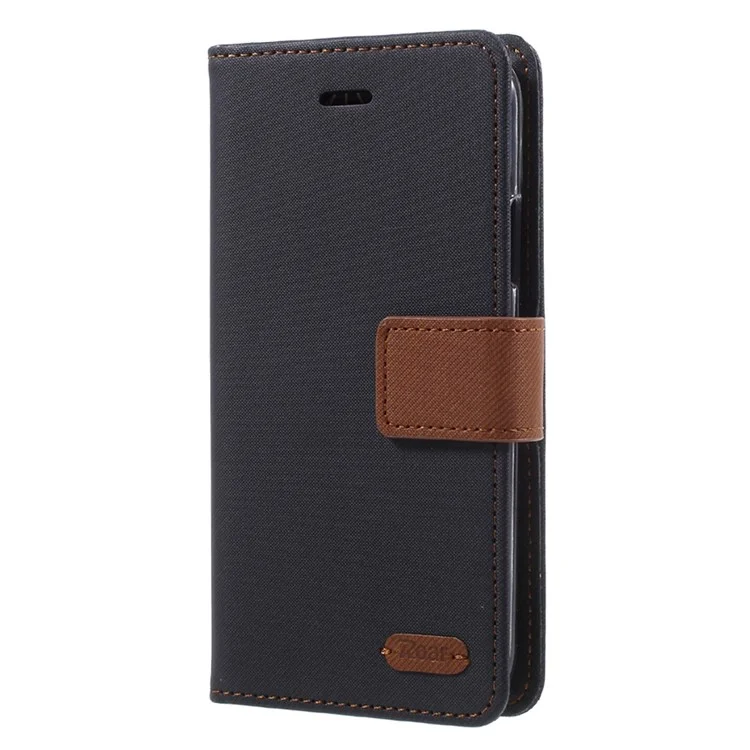 ROAR Twill Grain Leather Wallet Cell Phone Shell with Stand for iPhone X/XS 5.8-inch - Black