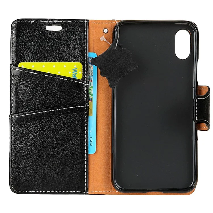 Genuine Leather Crazy Horse Flip Wallet Stand Cover for iPhone X 5.8 inch - Black