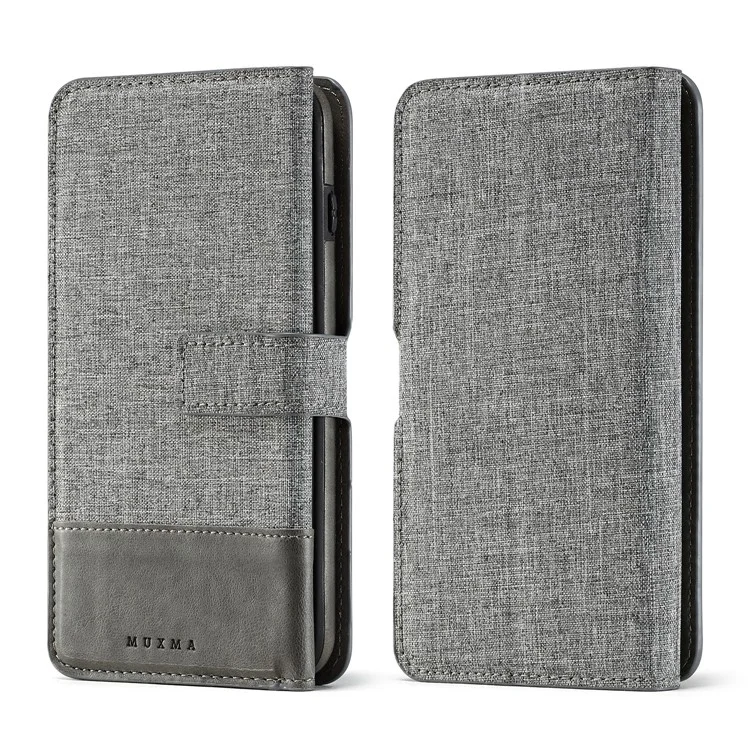 MUXMA for iPhone 8 Plus / 7 Plus 5.5 inch Tri-fold Detachable 2-in-1 Wallet Canvas Leather Stand Phone Cover - Grey