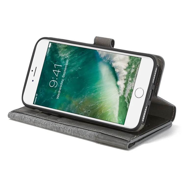 MUXMA for iPhone 8 Plus / 7 Plus 5.5 inch Tri-fold Detachable 2-in-1 Wallet Canvas Leather Stand Phone Cover - Grey