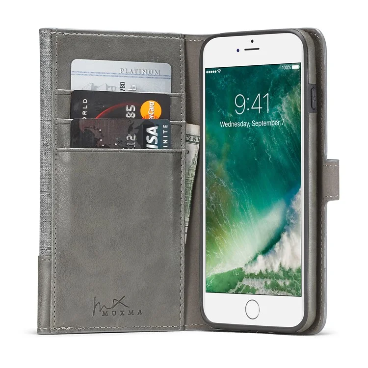 MUXMA for iPhone 8 Plus / 7 Plus 5.5 inch Tri-fold Detachable 2-in-1 Wallet Canvas Leather Stand Phone Cover - Grey