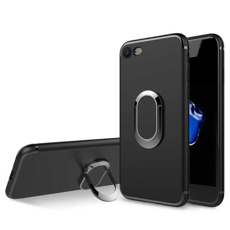 Matte Finish Ring Holder Kickstand Flexible TPU Case with Built-in Magnetic Metal Sheet for iPhone 8 / 7 4.7 inch - Black