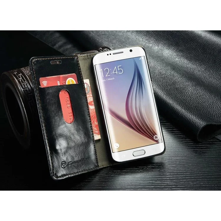 CASEME Oil Wax Wallet Leather Flip Stand Case for Samsung Galaxy S6 edge Plus G928 - Black