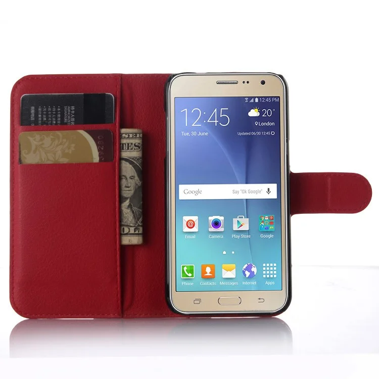 Litchi Skin Leather Wallet Case Cover for Samsung Galaxy J3 / J3 (2016) with Foldable Stand Design - Red