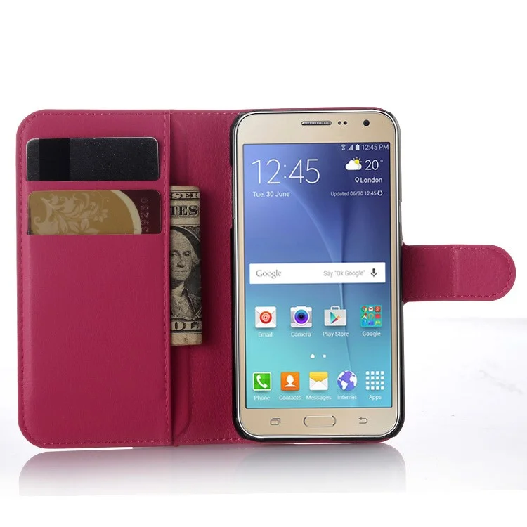 Capa de Carteira de Couro de Pele Litchi Para Samsung Galaxy J3 / J3 (2016) Com Design de Suporte Dobrável - Rosa