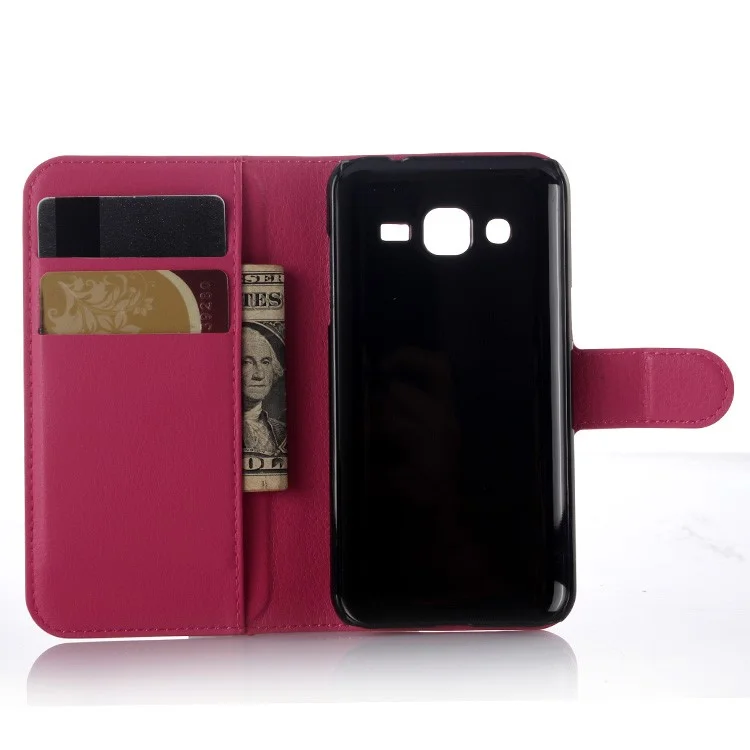 Cubierta de Billetera de Cuero de Piel Litchi Para Samsung Galaxy J3 / J3 (2016) Con Diseño de Soporte Plegable - Rosa