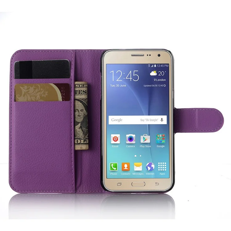 Cubierta de Billetera de Cuero de Piel Litchi Para Samsung Galaxy J3 / J3 (2016) Con Diseño de Soporte Plegable - Violeta