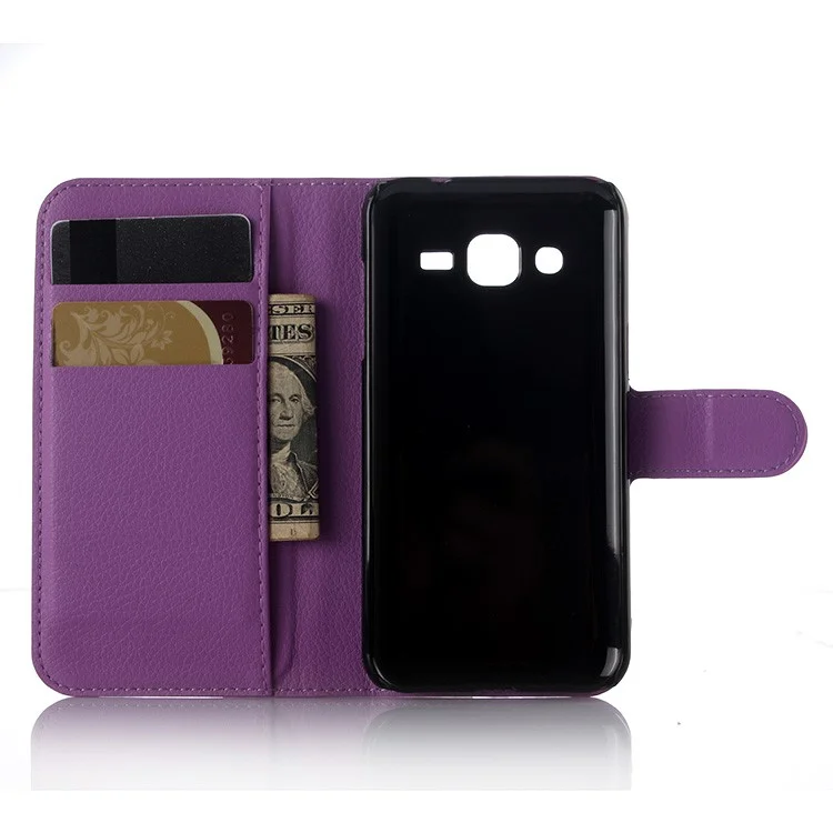 Litchi Skin Leather Wallet Case Cover for Samsung Galaxy J3 / J3 (2016) with Foldable Stand Design - Purple