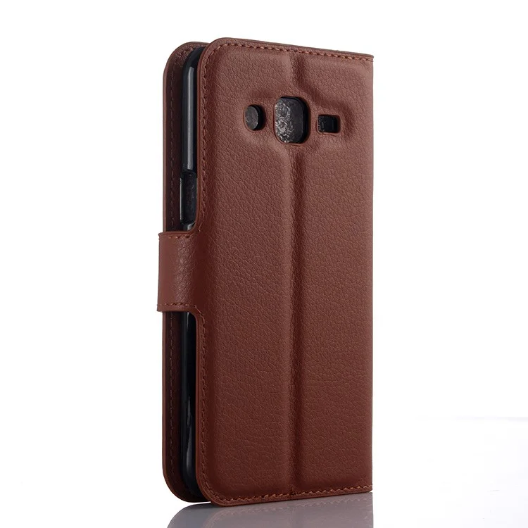 Litchi Skin Leather Wallet Case Cover for Samsung Galaxy J3 / J3 (2016) with Foldable Stand Design - Brown