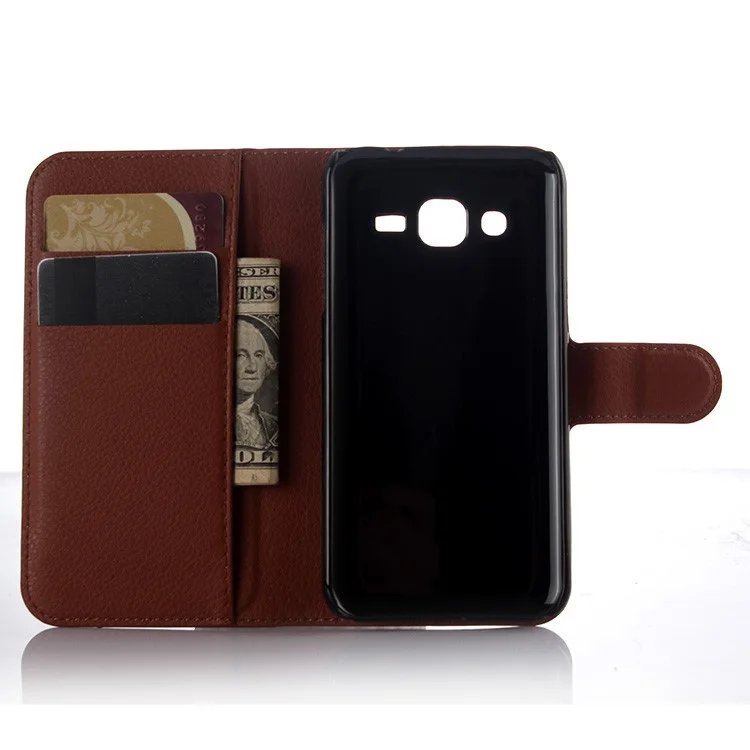 Litchi Skin Leather Wallet Case Cover for Samsung Galaxy J3 / J3 (2016) with Foldable Stand Design - Brown