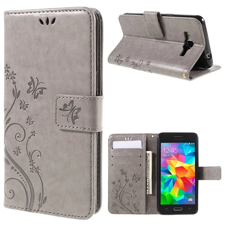 Portafoglio In Pelle Farfalla Per Samsung Galaxy Grand Prime SM-G530 - Grigio