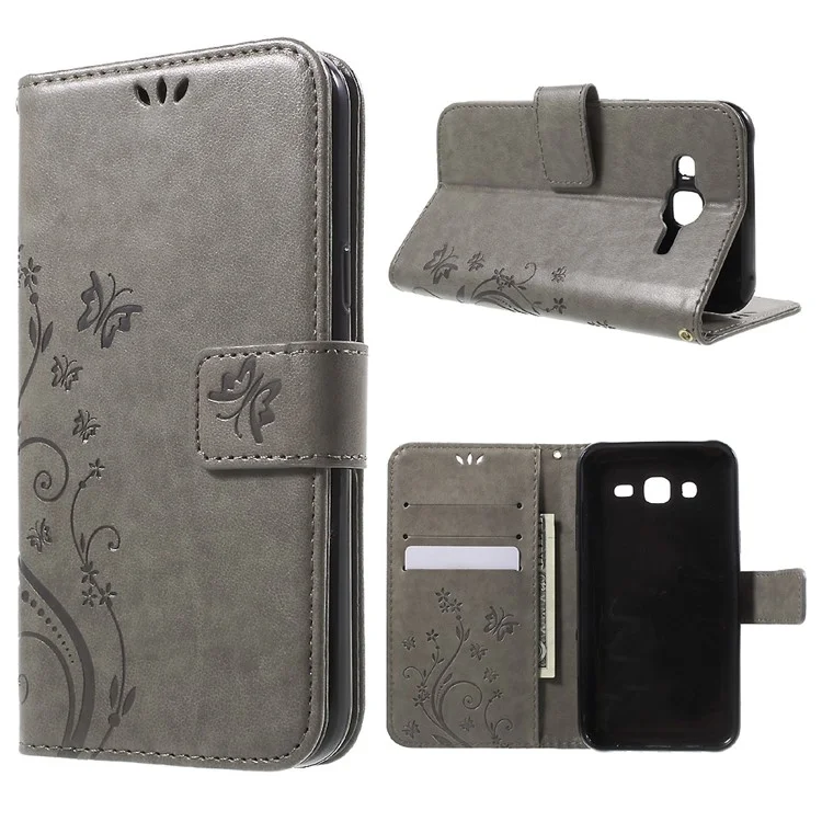 Butterfly Leather Stand Wallet Cover for Samsung Galaxy J5 - Grey