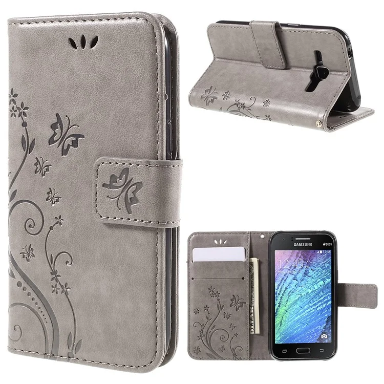 Butterfly Leather Wallet Cover for Samsung Galaxy J1/J1 4G - Grey