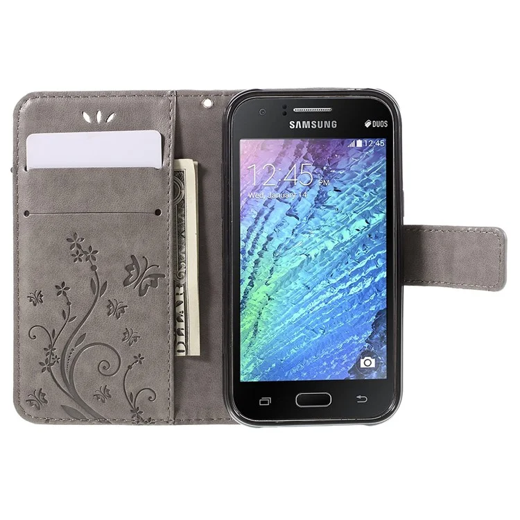 Butterfly Leather Wallet Cover for Samsung Galaxy J1/J1 4G - Grey