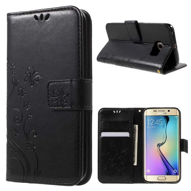 Butterfly Leather Wallet Case for Samsung Galaxy S6 Edge G925 - Black