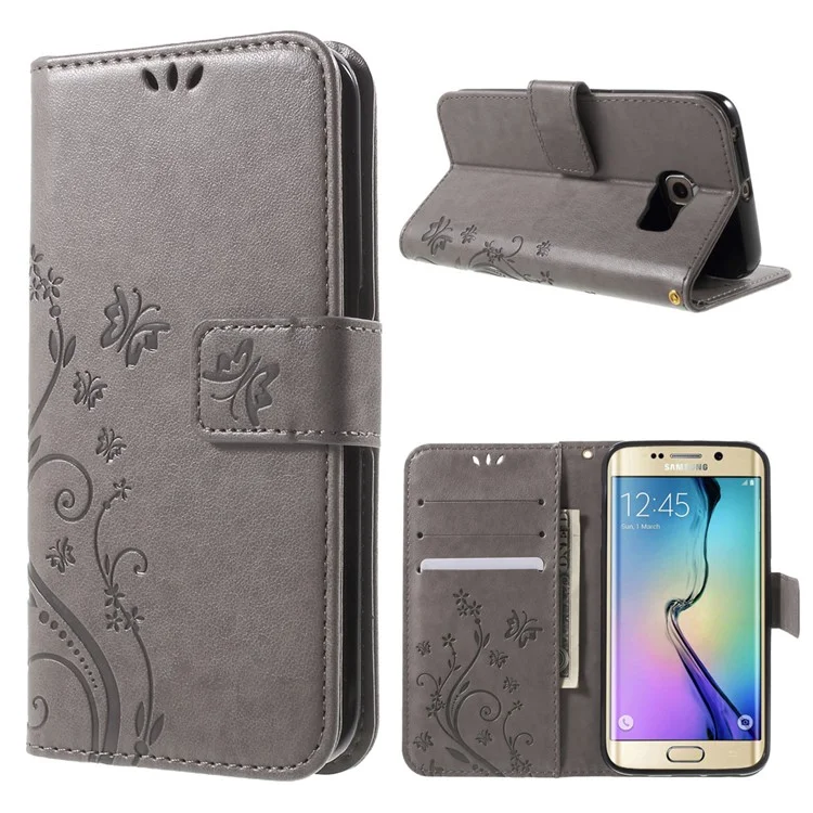 Butterfly Leather Wallet Cover for Samsung Galaxy S6 Edge G925 - Grey