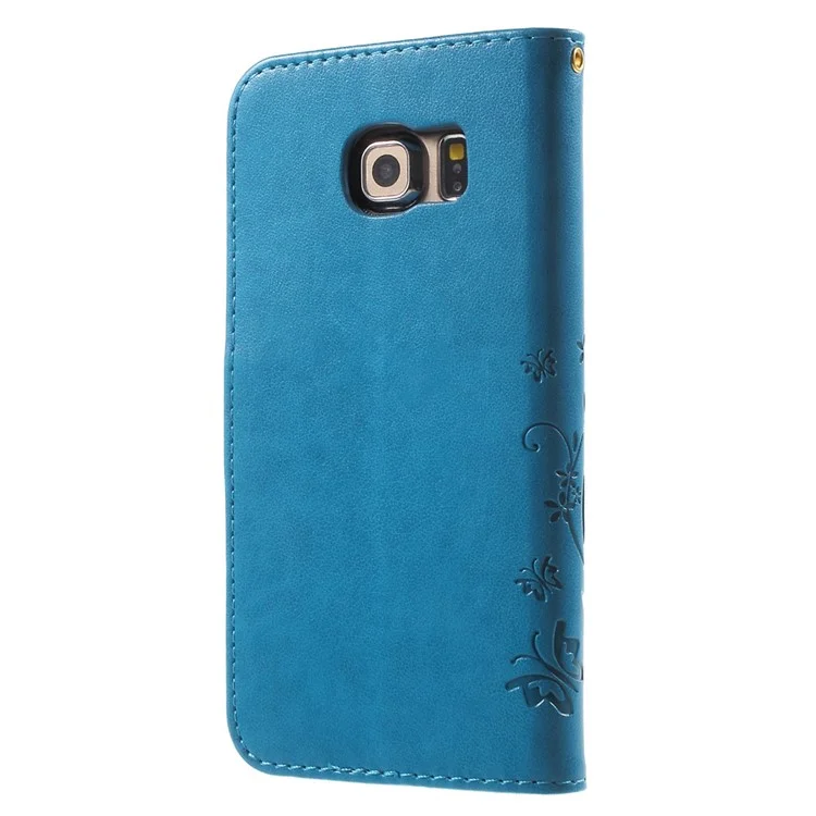 Cubierta Telefónica de Cuero de Soporte de Mariposa Para Samsung Galaxy S6 Edge G925 - Azul