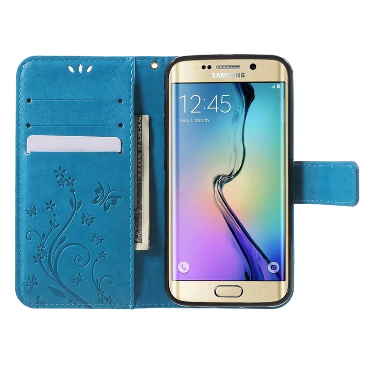 Cubierta Telefónica de Cuero de Soporte de Mariposa Para Samsung Galaxy S6 Edge G925 - Azul