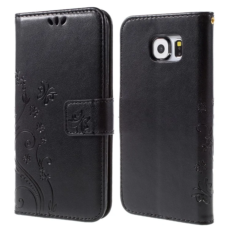 Butterfly Stand Leather Cover Protector for Samsung Galaxy S6 G920 with Handy Strap - Black